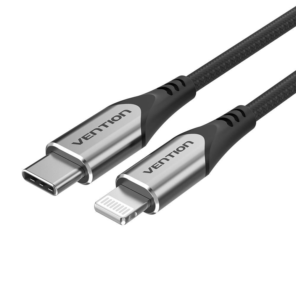 USB-C 2.0/apa -> Lightning/apa, szürke, alumínium házas, nylon fonott, 3A, 27W, 1m, adat- és töltőkábel