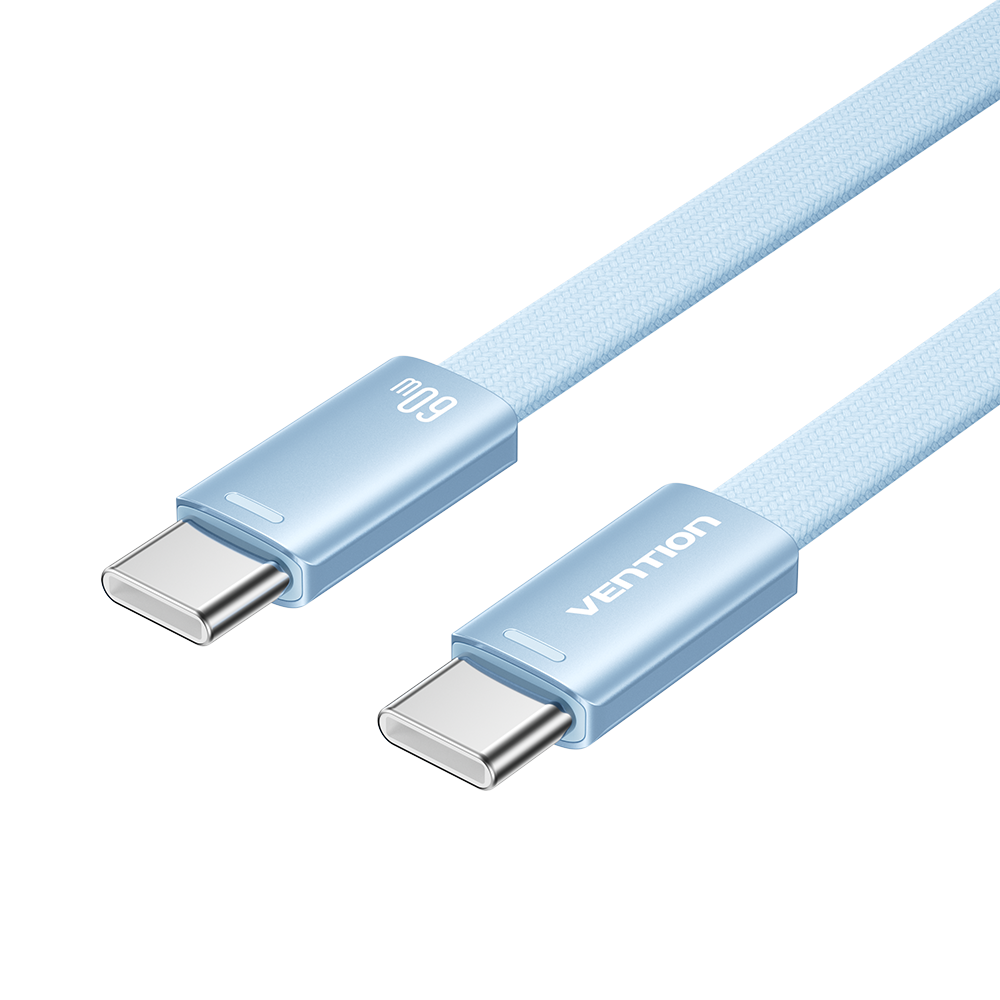 USB-C/apa -> USB-C/apa, kék, fonott, 3A, 60W, 2m, lapos kivitelű, adat- és töltőkábel