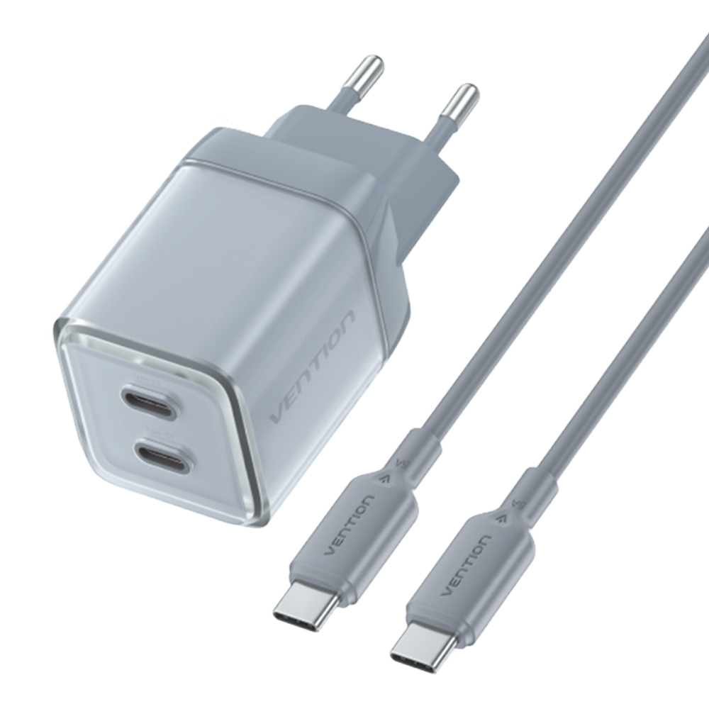 2 portos USB (C + C) GaN gyorstöltő (45W/45W), szürke színben + 1m USB-C kábel (100W) szett